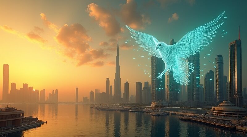 Dubajski zachód słońca, złoty sokół z hologramu AI, symbol transformacji gospodarczej.
