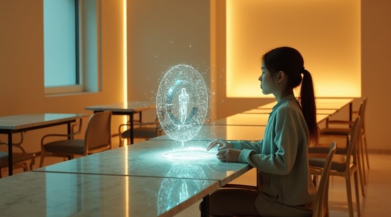Uczeń przed holograficznym interfejsem AI w minimalistycznej, luksusowej klasie.