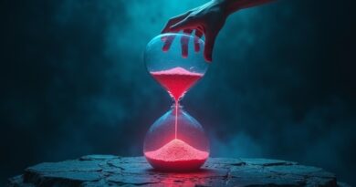 Ogromna klepsydra z obwodów, niebiesko-czerwony neon, ręka kurczowo trzymająca górną krawędź.