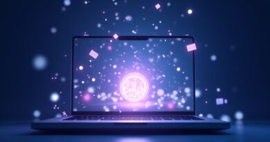 Luminous AI orb rising from Chrome browser, surrounded by floating skill icons, blue-purple.