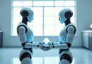 Humanoid robot przekazuje świecący, geometryczny przedmiot drugiemu w minimalistycznym, słonecznym laboratorium.