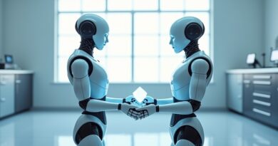 Humanoid robot przekazuje świecący, geometryczny przedmiot drugiemu w minimalistycznym, słonecznym laboratorium.