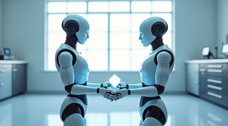Humanoid robot przekazuje świecący, geometryczny przedmiot drugiemu w minimalistycznym, słonecznym laboratorium.