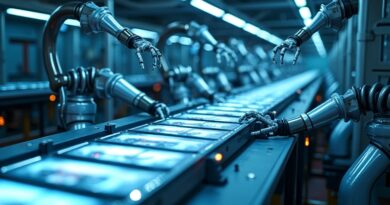 Robotyczna linia produkcyjna generująca tysiące identycznych obrazów w sterylnym, niebiesko-srebrnym oświetleniu.