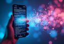 Smartfon z pionowym wideo, niebiesko-magenta gradienty, płynące dokumenty.