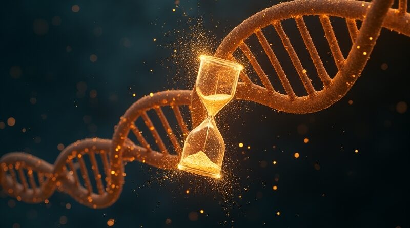 Klepsydra rozpada się nad świecącą helisą DNA, równania matematyczne rozbłyskują złotem.