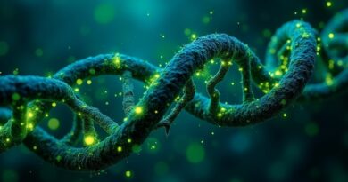 Neonowa podwójna helisa kodu i neuronów wijąca się w molekularną strukturę, ciemna i napięta atmosfera