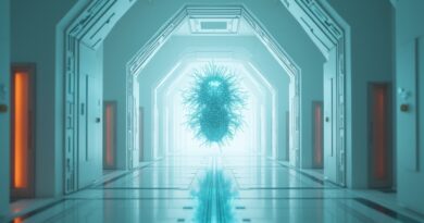 Biała komora testowa, neonowa istota, ukryte cyberbezpieczeństwo.