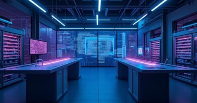 Futurystyczny warsztat cyfrowy z neonowymi strumieniami kodu przekształcającymi się w aplikacje.