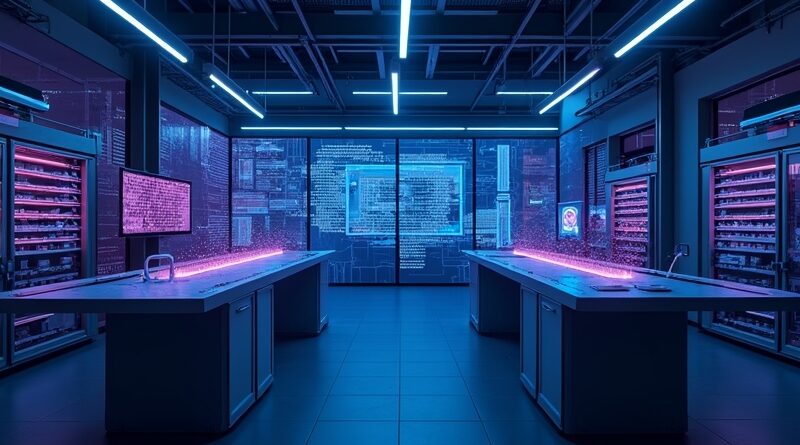 Futurystyczny warsztat cyfrowy z neonowymi strumieniami kodu przekształcającymi się w aplikacje.
