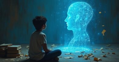 Uczeń patrzący w hologram AI, cień w stare podręczniki.