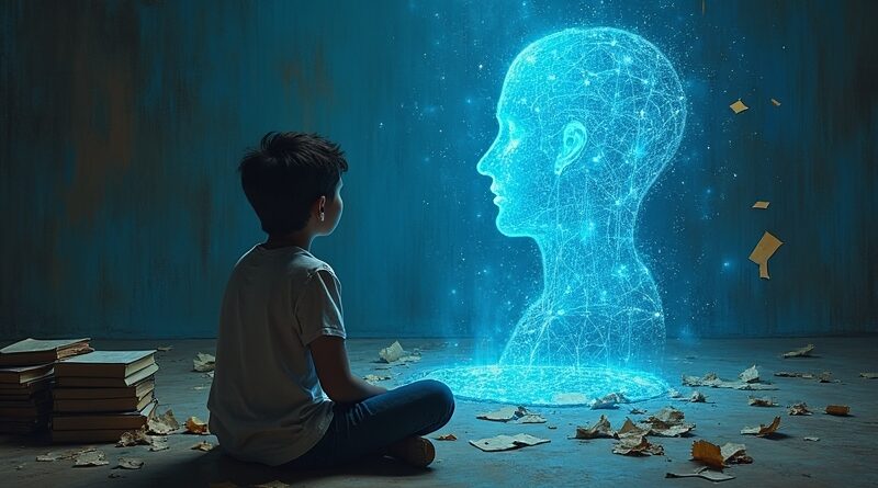 Uczeń patrzący w hologram AI, cień w stare podręczniki.