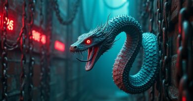 Widmowy cyjanowy wąż AI wśród zardzewiałych łańcuchów i neonowoczerwonych danych.