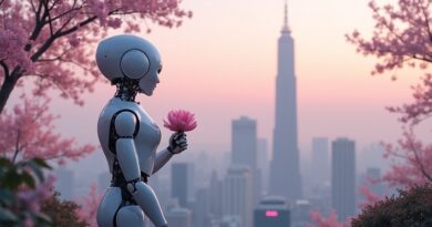 Samotny humanoidalny robot w ogrodzie zen, z wiśniowym kwiatem, futurystyczne miasto o zmierzchu.