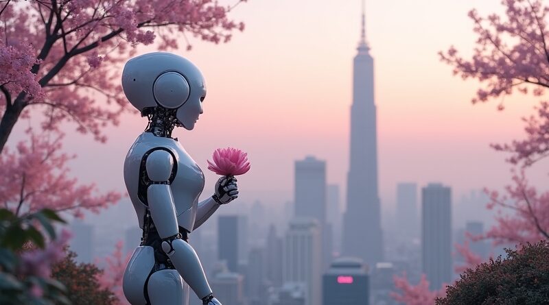 Samotny humanoidalny robot w ogrodzie zen, z wiśniowym kwiatem, futurystyczne miasto o zmierzchu.
