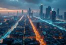 Futurystyczna panorama Nairobi z wzorami Kente i niebiesko-złotymi obwodami regulacji.