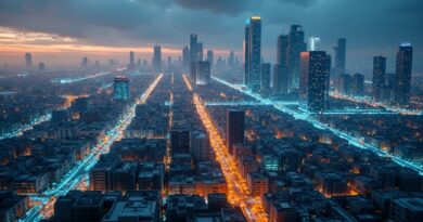Futurystyczna panorama Nairobi z wzorami Kente i niebiesko-złotymi obwodami regulacji.