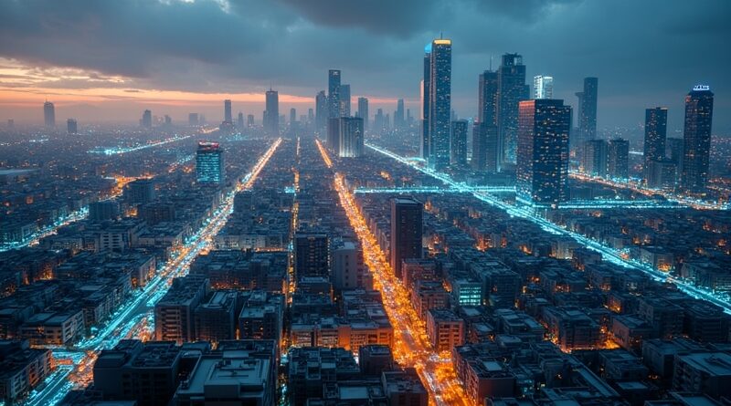 Futurystyczna panorama Nairobi z wzorami Kente i niebiesko-złotymi obwodami regulacji.
