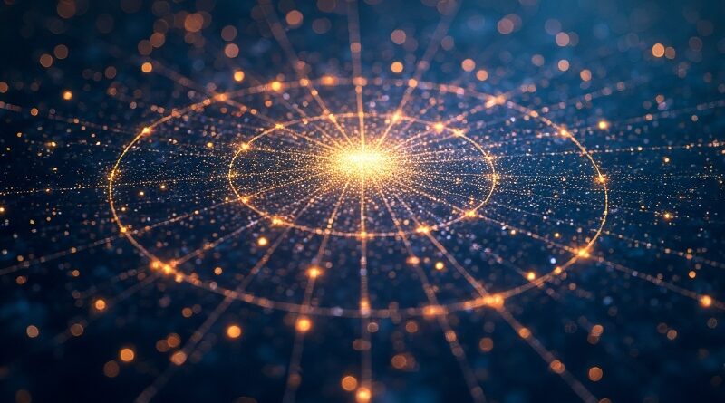 Siatka neuronowa 2,8 biliona węzłów jako złocista chińska mapa nieba na granatowym tle.