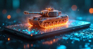Świetlista, przezroczysta czołg z C&C wyłania się z ekranu iPhone'a w neonowych smugach kodu.