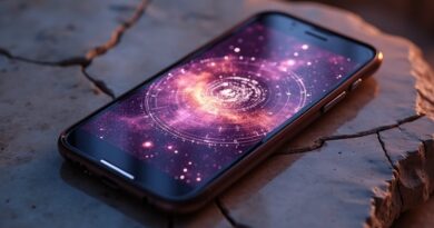 Rozbity marmur, antyczny smartfon, kosmiczny horoskop, fiolet i złoto.