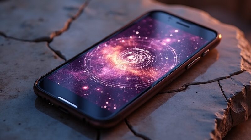 Rozbity marmur, antyczny smartfon, kosmiczny horoskop, fiolet i złoto.