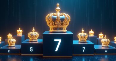 Złota korona wiruje między 17 świecącymi węzłami AI na futurystycznym podium, licznik wyświetla 7 tygodni.