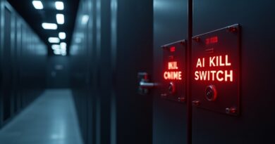 Glowing red AI kill switch button on steel panel, dark server room background.