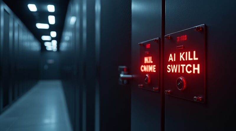 Glowing red AI kill switch button on steel panel, dark server room background.