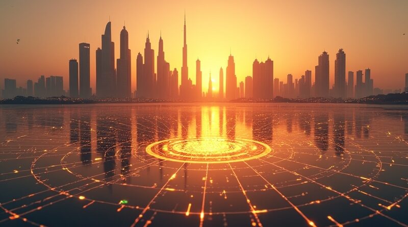 Futurystyczne Dubai o zmierzchu, złote światło, strumienie danych AI, geometryczne wzory, 8K, bez ludzi.