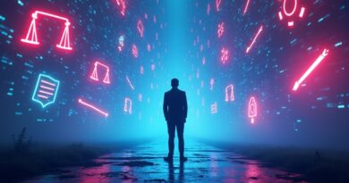 Samotna postać na rozdrożu ikon: wagi, nawiasy, pędzle, tryby w neonowym cyberświetle.