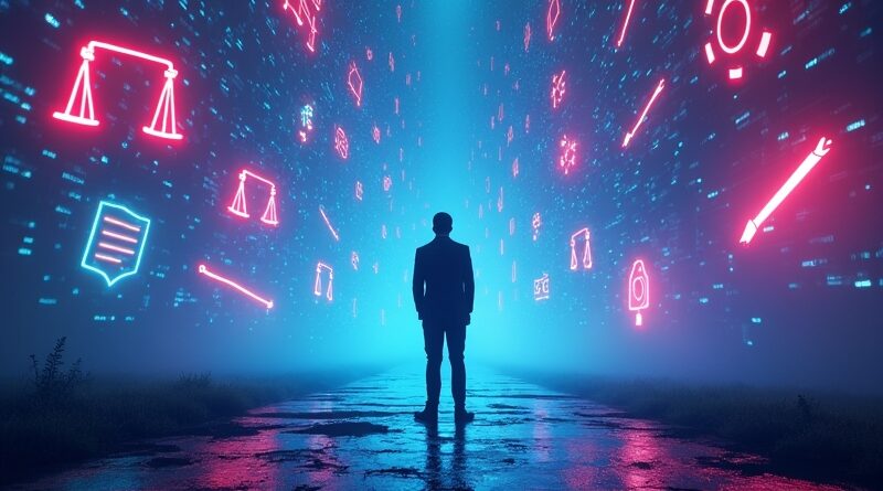 Samotna postać na rozdrożu ikon: wagi, nawiasy, pędzle, tryby w neonowym cyberświetle.