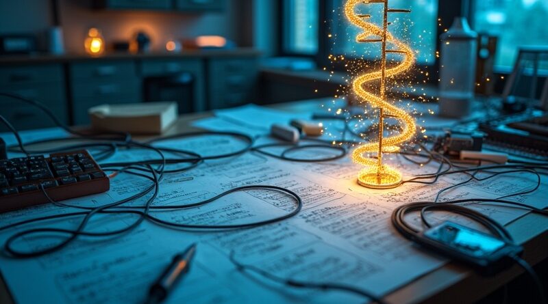 Kable i kod przeobrażające się w świecące helisy DNA i symbole Rust, błękit i złoto