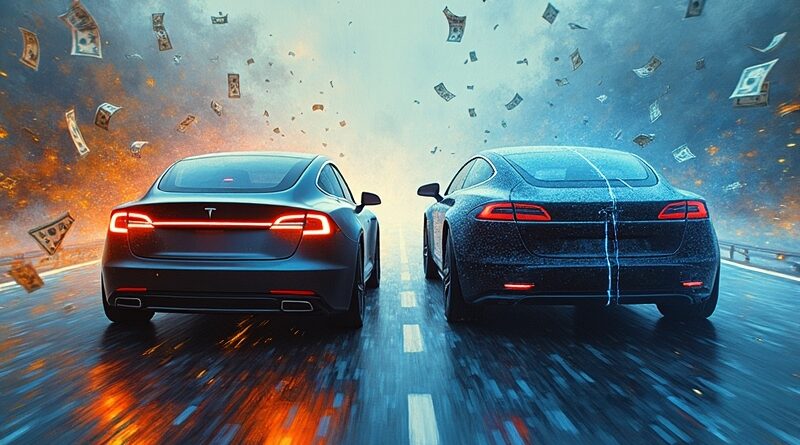 Tesla Cybercab i robot Optimus z danych, wirujące dolary na futurystycznej autostradzie.