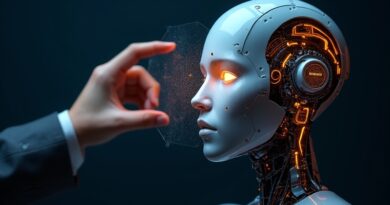 Ludzka dłoń unosi cyfrową zasłonę z robotycznej twarzy, odsłaniając etykietę AI.