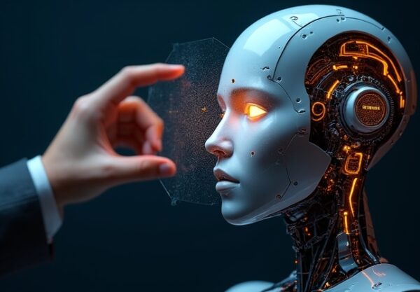 Ludzka dłoń unosi cyfrową zasłonę z robotycznej twarzy, odsłaniając etykietę AI.