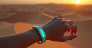 Futurystyczny wristband na dłoni, mierzy cukier, złote i niebieskie światło.