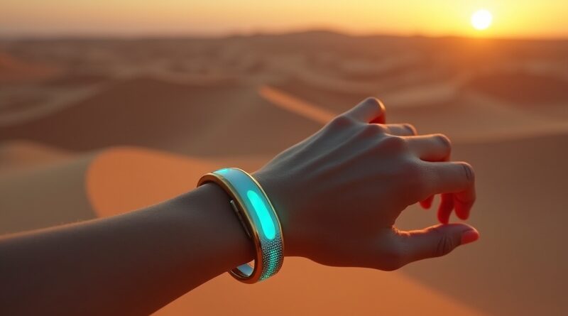 Futurystyczny wristband na dłoni, mierzy cukier, złote i niebieskie światło.