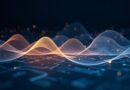 Audio waveform przechodzący w plany architektoniczne, błękitno-złoty blask, futurystyczna grafika AI.