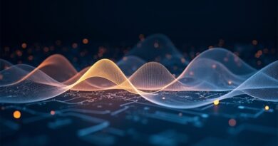 Audio waveform przechodzący w plany architektoniczne, błękitno-złoty blask, futurystyczna grafika AI.