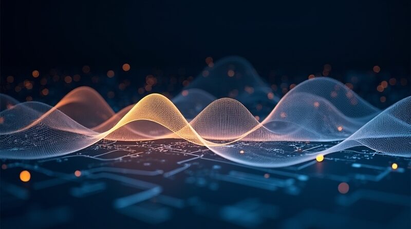 Audio waveform przechodzący w plany architektoniczne, błękitno-złoty blask, futurystyczna grafika AI.