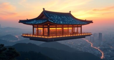 Tradycyjny hanok z obwodami na dachu unosi się nad Doliną Krzemową o zachodzie słońca.
