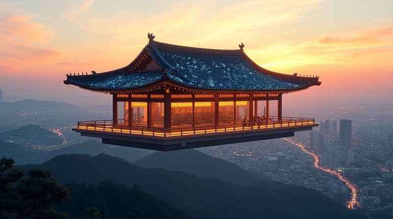 Tradycyjny hanok z obwodami na dachu unosi się nad Doliną Krzemową o zachodzie słońca.
