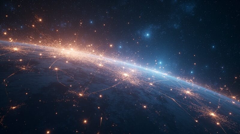 Konstelacja satelitów SpaceXAI tworzących świecącą sieć neuronową nad Ziemią.