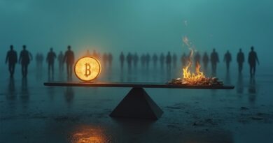 Złoty token przeważa sznur pracowników, opada w otchłań płonących pieniędzy.