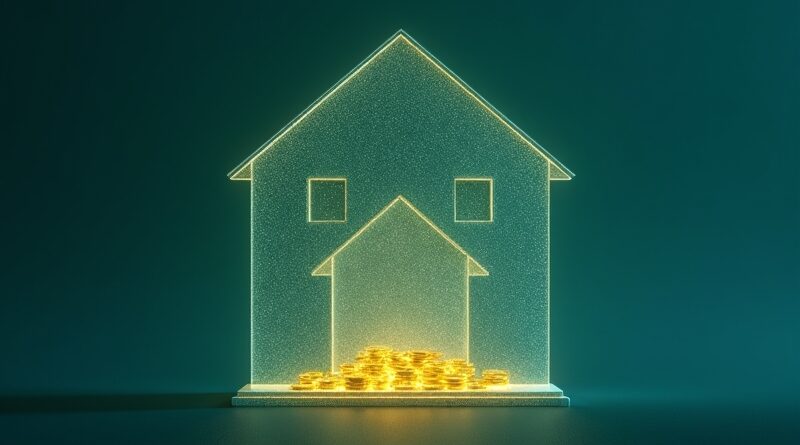 Przezroczysty dom z wewnętrzną siatką blockchain i złotymi tokenami, futurystyczny i spokojny.