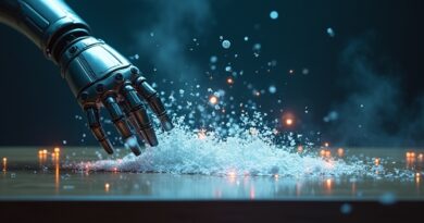 Srebrna dłoń robota zmiata fragmenty danych w neonową pomarańczową otchłań.