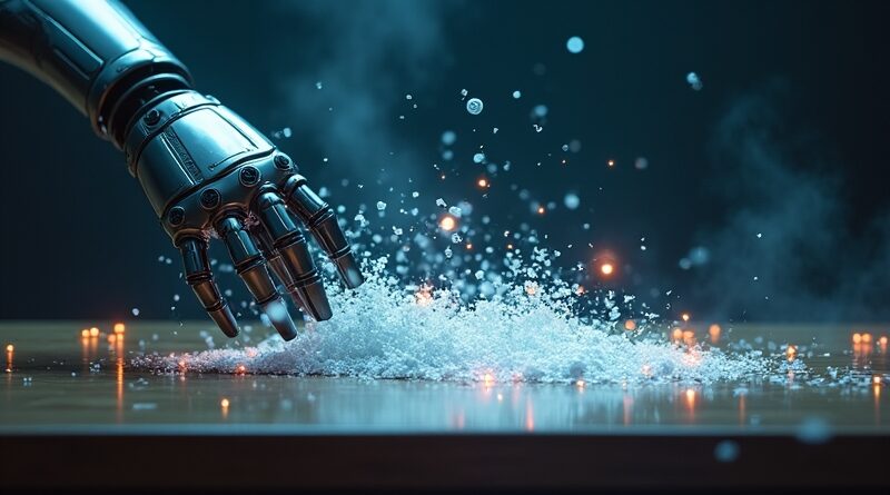 Srebrna dłoń robota zmiata fragmenty danych w neonową pomarańczową otchłań.