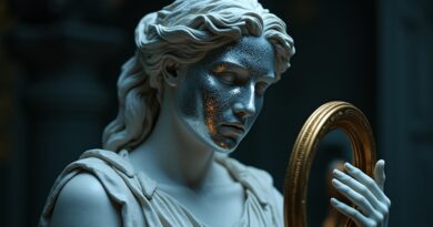 Marmurowa Statua Prawdy z cyfrową maską odbija się w lustrze labiryntu tekstu AI.