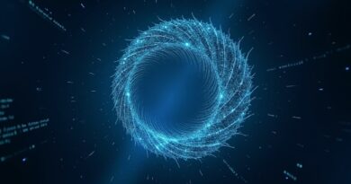 Fractal python code spiral morphs into a terminal window in dark cyan-blue cosmic void.